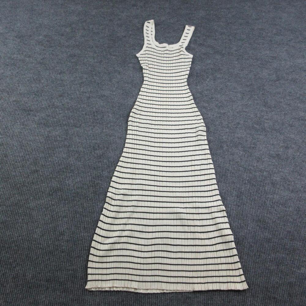 COMMENSE Dress Womens M White Striped Ribbed Tank Dress Bodycon Scoop Neck NWT